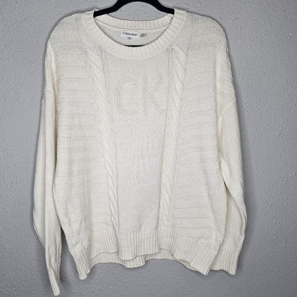 Calvin Klein Logo‎ Sweater Womens XL Cream Cable Knit Preppy Luxury - Picture 1 of 11